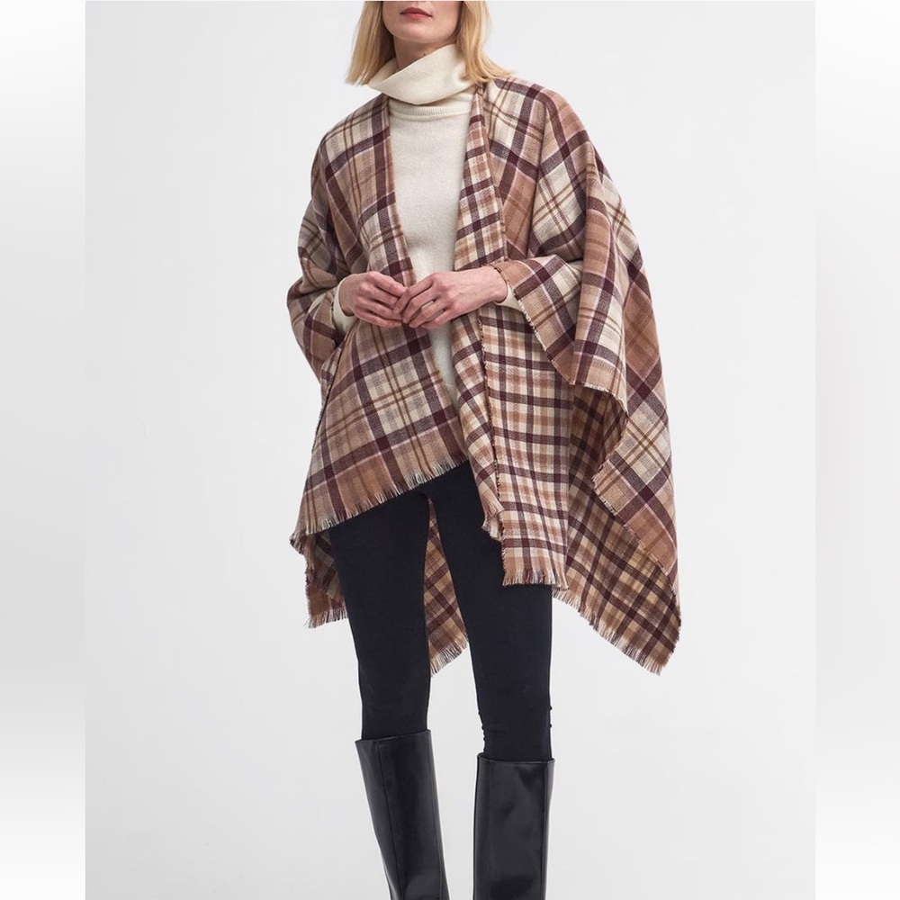 LIKE NEW Barbour Montieth Reversible Wrap, Plaid Check Shawl Cape Sweater Tartan